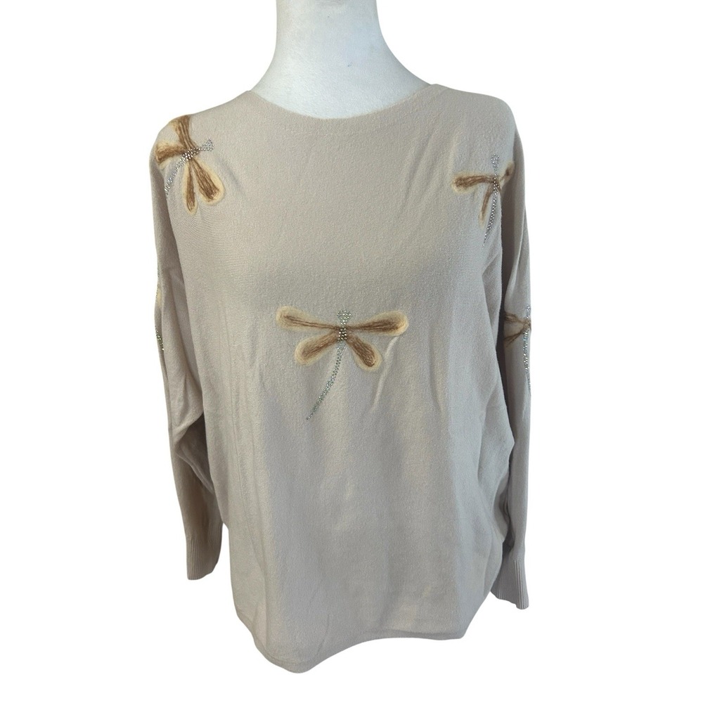 Aaeda Super Soft Knit Sweater Tan with Dragonfly Applique Sz L